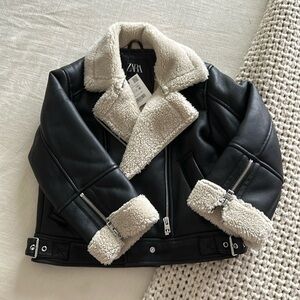 Zara Sherpa lined leather moto jacket